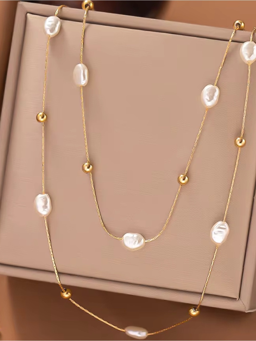 Gold Pearl Station Long Necklace - Elegant Women's Jewelry